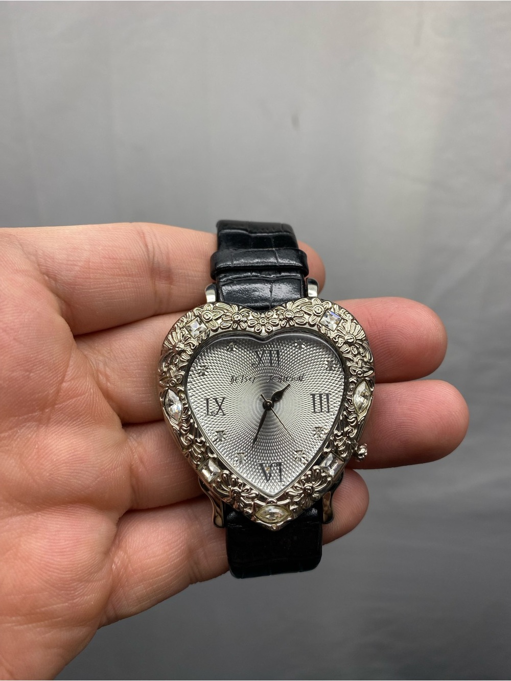 Betsey Johnson Ornate Silver Tone Rhinestone Crystal Heart Face Watch Vintage
